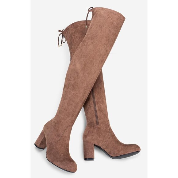 Women's Mocha Brown Suede Inner Zipper Thigh High Over The Knee High Heel Boots - Picture 6 of 9